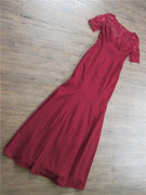 1010a酒红色短袖鱼尾裙外贸长款修身蕾丝贴花宴会晚礼服裙聚会
