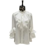 白色衬衫女春季时尚修身荷叶边喇叭袖蕾丝边雪纺衫上衣