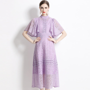 欧洲站轻奢女装夏季气质，优雅飞飞袖收腰显瘦淡紫色蕾丝连衣裙