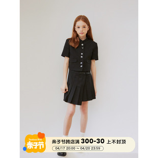 mpeng女童2023新中式立领西装短袖黑色套装不规则短裙半裙夏