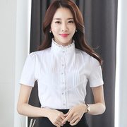 2020夏季立领白色，蕾丝衫韩版打底衫女短袖衬衫，显瘦雪纺上衣