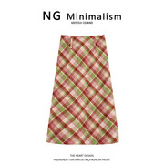 ngminimalism秋冬高腰显瘦绿棕格纹中长款格子毛呢裙子