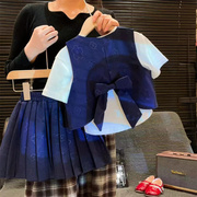 HHkids女童夏圆领无袖上衣上衣+蓝色百褶裙套装儿童两件套BTZ221