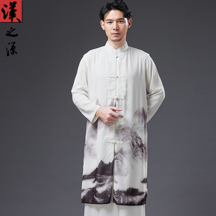 假两件棉麻雪纺长衫，中长款男装立领中式唐装演出服，中国风禅意汉服