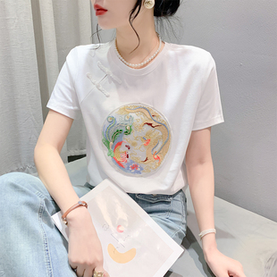 白色刺绣t恤女短袖夏装，新中式国风盘扣上衣洋气，修身半袖体恤小衫