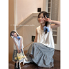 韩国夏装女童白色纯棉麻背心T恤上衣=儿童半身裙子=时髦两件套装