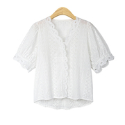 夏季大码女装欧洲站胖MM宽松显瘦小性感V领白色蕾丝衫短袖T恤