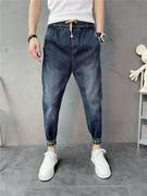 22春夏男士纯色小脚牛仔裤，蓝色弹力束脚裤，精神社会小伙大裆哈伦裤