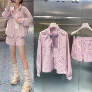 2024春运动少女感字母印花粉色立领外套防晒衣短裤两件套套装