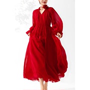 美妃红色洋气减龄长袖，法式气质长款连衣裙，女夏2023长裙红裙