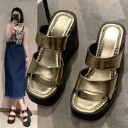 坡跟松糕厚底拖鞋女外穿高跟凉鞋2023年夏季韩版增高拼色凉拖