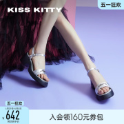 kisskitty2024年夏季法式凉鞋，一字带坡跟女鞋，外穿厚底运动凉