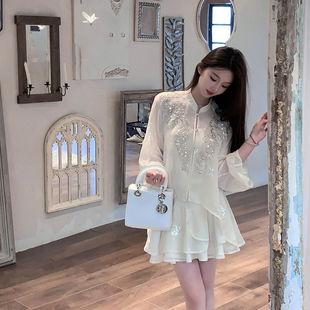 fairyjiang夏季国风刺绣白色，雪纺百褶半身裙高腰，显瘦不规则短裙子