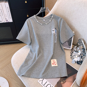 欧货2024夏季灰色，镶钻重工纯棉短袖t恤女设计感小众宽松上衣
