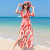 泰国红色沙滩裙女夏三亚显瘦海边度假吊带连衣裙波西米亚长裙