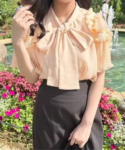 k3-2夏季日本原单女士复古纯色蕾丝系带露肩甜美短袖衬衫