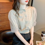 短袖雪纺衬衫女夏季2024韩版气质收腰显瘦网纱拼接泡泡袖上衣