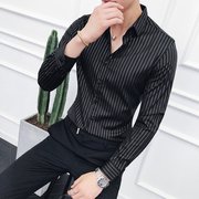 春季条纹衬衣男长袖韩版修身休闲衬衣，设计感发型师百搭寸衬上衣男