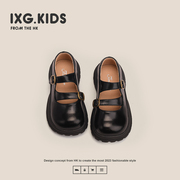 ixg时尚潮流童鞋~2024款春季英伦，风洋气女童黑色皮鞋儿童休闲单鞋