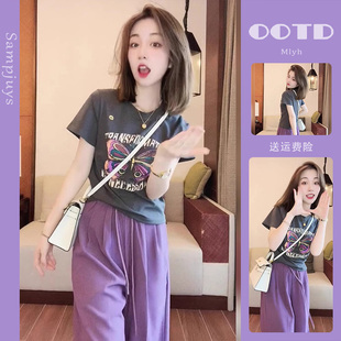 夏季小清新减龄紫色蝴蝶印花短袖T恤运动休闲裤套装女两件套