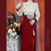 巷里复古改良版旗袍汉服年轻秋拼接收腰长袖新中式气质红色连衣裙