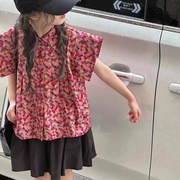 女童花衬衫套装洋气时髦2024夏装女孩翻领衬衣格子上衣短裙两件套