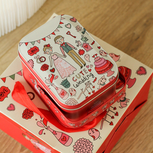 个性定制婚礼红色新人喜糖盒子，马口铁小铁盒，喜烟包装盒回礼盒手挽