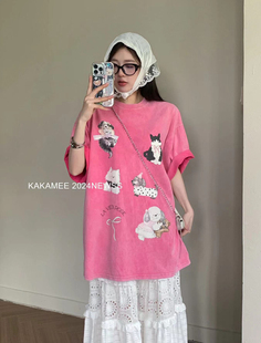 kakamee夏季韩版美式趣味，手绘兔子洗水做旧工艺大版短袖t恤女