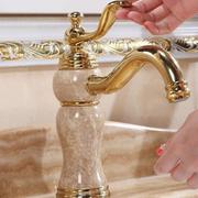 金色全铜冷热水龙头玉石台面盆浴室柜洗手台欧式轻奢美式单孔龙头