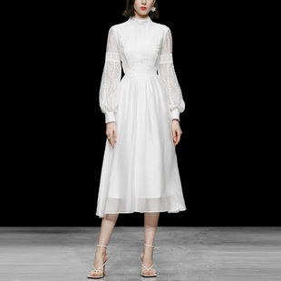 秋装女装2023法式复古立领灯笼袖中长款白色连衣裙长裙女