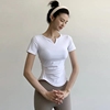 弹力运动短袖女v领紧身t恤训练健身上衣薄款舞蹈瑜伽服裤子两件套