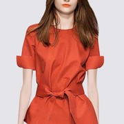 名媛欧美范气质橘红色短袖衬衫2021年夏季时髦百搭女士上衣潮