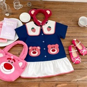 女童草莓熊翻领(熊翻领，)短袖连衣裙2024夏装，洋气纯棉宝宝卡通甜美裙子