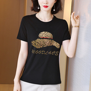 夏季黑色短袖T恤女常规镶钻圆领创意2022年宽松薄款时尚休闲 上衣