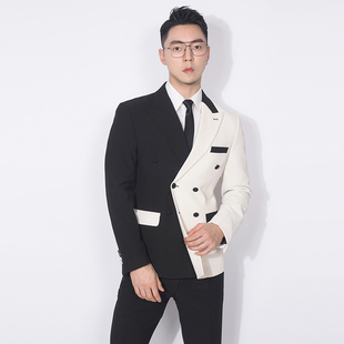 川泽男士黑白拼接西装，外套韩版修身时尚双排，扣高端单西上衣潮