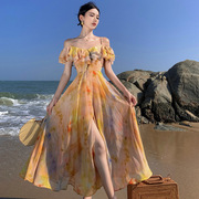 海边度假荷叶边一字肩吊带连衣裙漂亮气质独特超好看法式长裙子夏