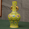清代黄釉粉彩宝相花卉纹长颈双耳，瓶文玩古董瓷器收藏客厅花瓶摆件