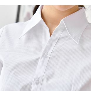 夏季白衬衫条纹女士短袖，竖纹v领韩版棉职业装正装，商务ol衬衣浅蓝