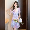 法式不规则褶皱紫色雪纺连衣裙修身显瘦夏季温柔风气质荷叶边裙子