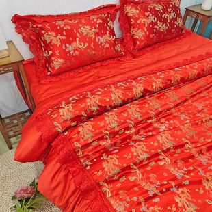 婚庆四件套红色龙凤，喜丝绸缎被套四件套，结婚复古中式结婚床上用品