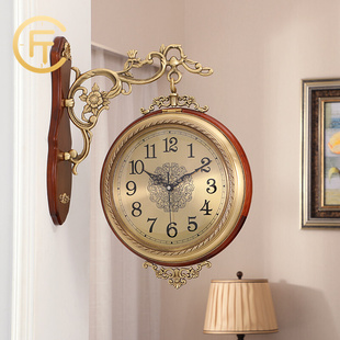 胖匠黄铜双面挂钟美式客厅，复古实木欧式两面，钟表个性创意装饰时钟