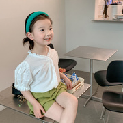 夏季2023女童蕾丝白色衬衫韩版儿童宝宝泡泡袖花边娃娃衫上衣T恤