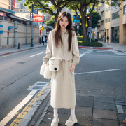 韩版小众设计感时尚，春秋套装女简约通勤连帽卫衣，长裙两件套潮