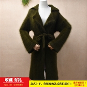 冬季加厚中长款ins长毛貂绒军绿色西装领系带修身显瘦外套毛衣181