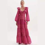 欧美风性感镂空露腰荷叶边系带，蕾丝拼接条纹，提花玫红色连衣裙长裙