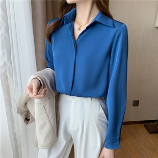 2022宝蓝色垂感品质雪纺长袖，衬衫设计感纯色，舒爽时尚直筒上衣