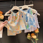 巴拉巴柆宝宝吊带裙两件套女童夏季薄款套装，油画风婴幼儿上衣小孩