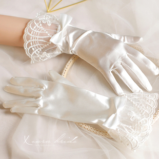 高档时尚韩式新娘婚纱缎面礼服手套蕾丝蝴蝶结白色婚礼服全指手套