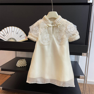 儿童旗袍公主裙夏季洋气气质宝宝小女孩复古领中式蕾丝短袖连衣裙