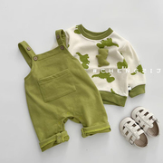 婴儿衣服春秋季背带裤哈衣+卡通，套头休闲卫衣两件套宝宝衣服套装